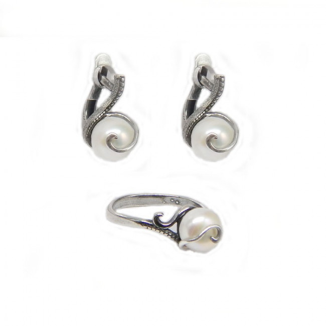 Комплект кольцо и серьги с белым жемчугКК1505-1251